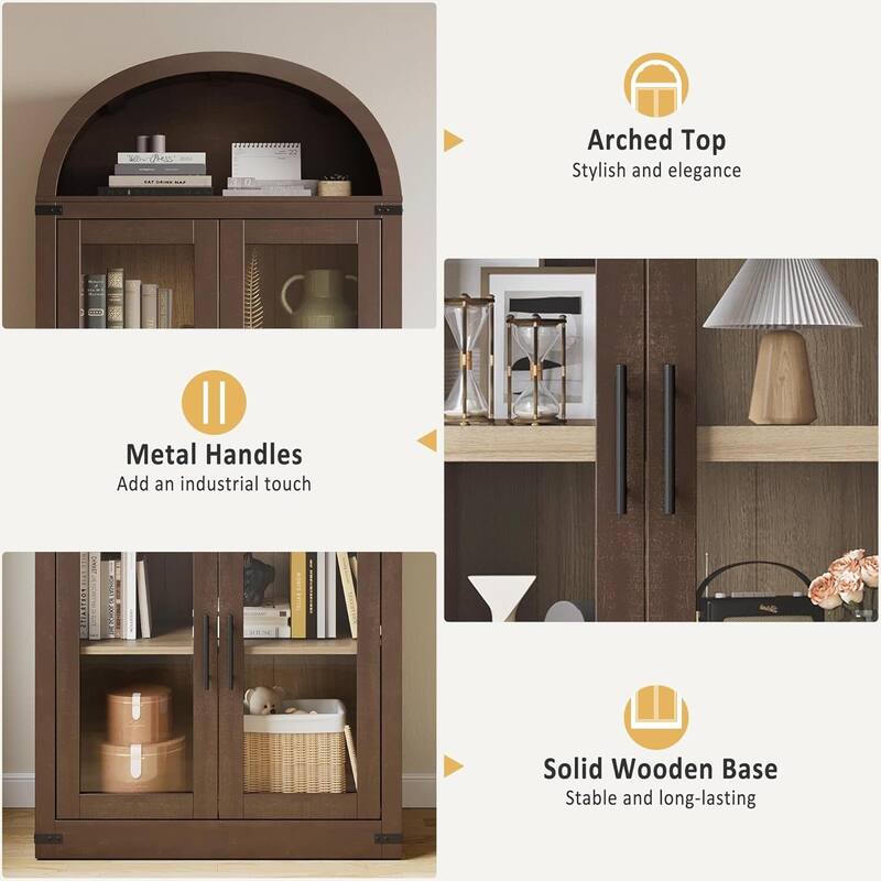 71.6" 5-Tier Arched Display Cabinet with Wooden Doors, Bookshelf - N/A