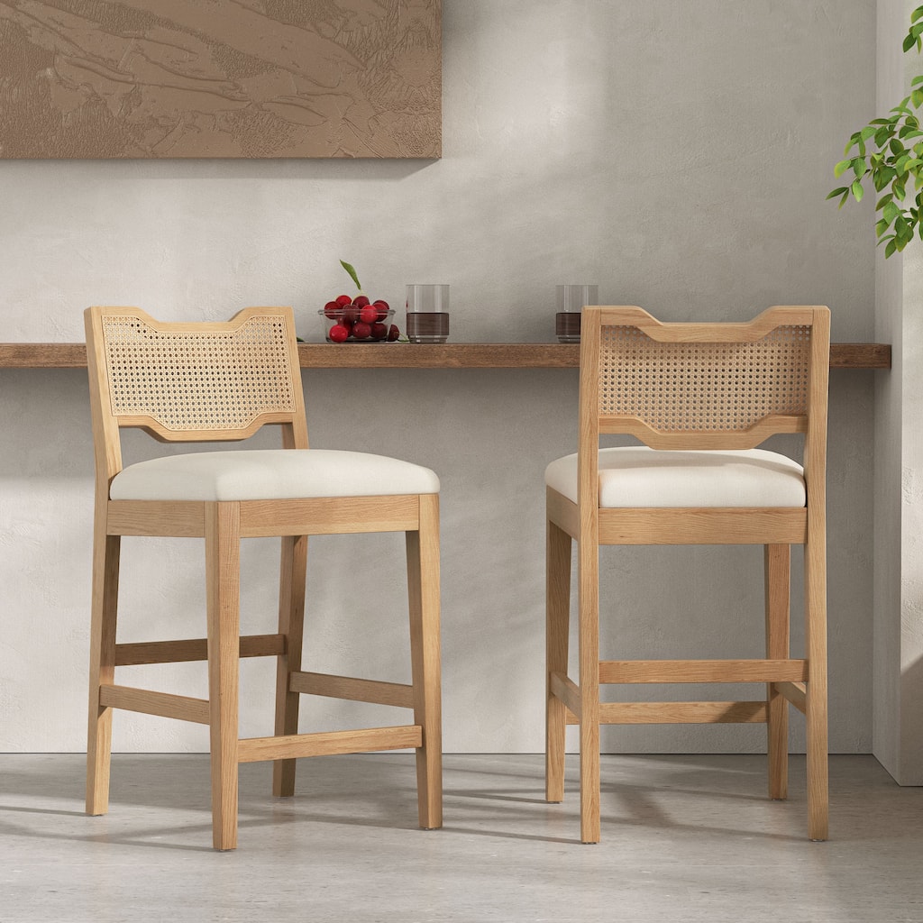 Christopher Knight Home - Modern 27.9" Counter Height Stools with Woven Rattan Backrest & Wood Frame, Set of 2