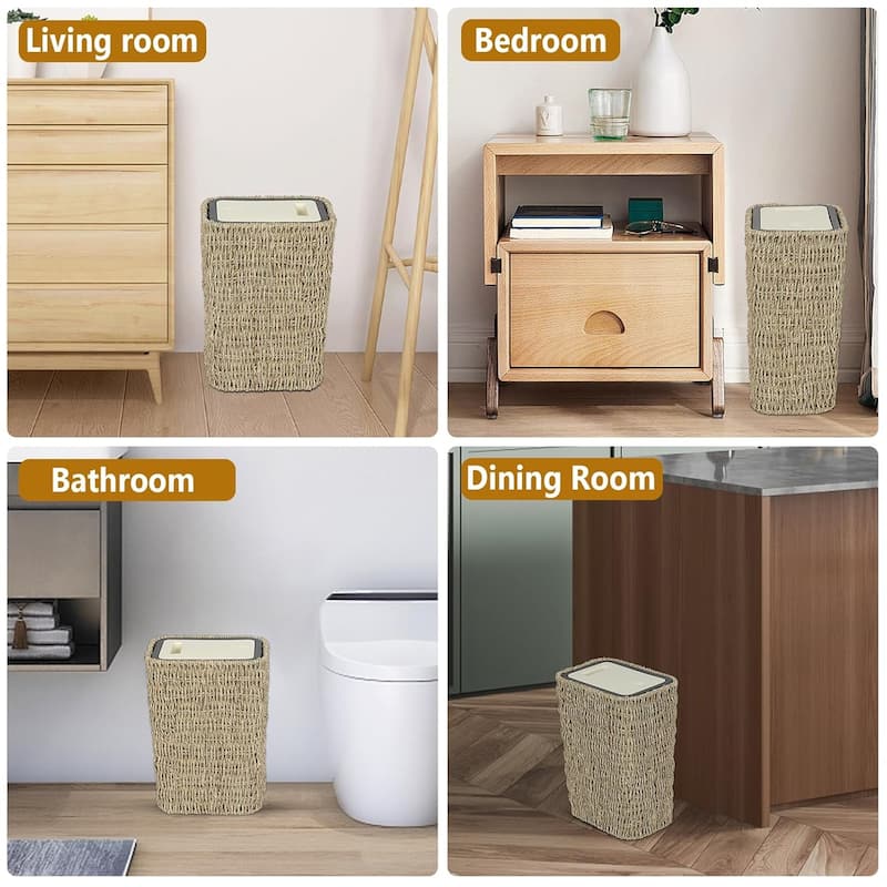 2.6Gallon Small Rattan Trash Can with Press Top Lid