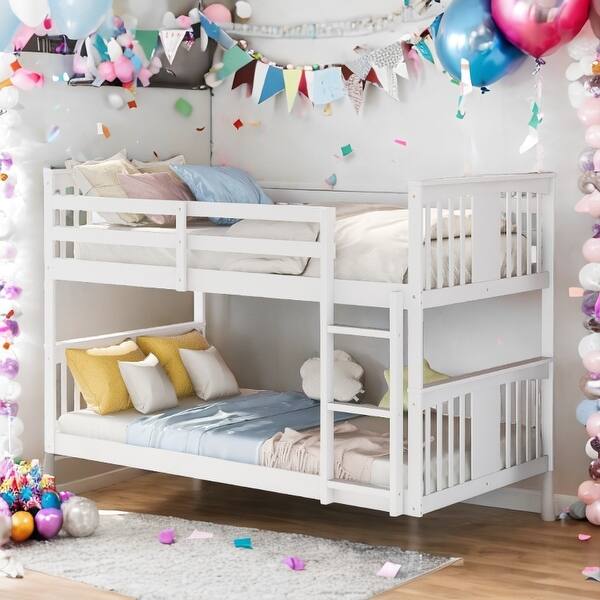 slide 2 of 13, Low Bunk Design Twin Over Twin Bunk Bed with Ladder, White