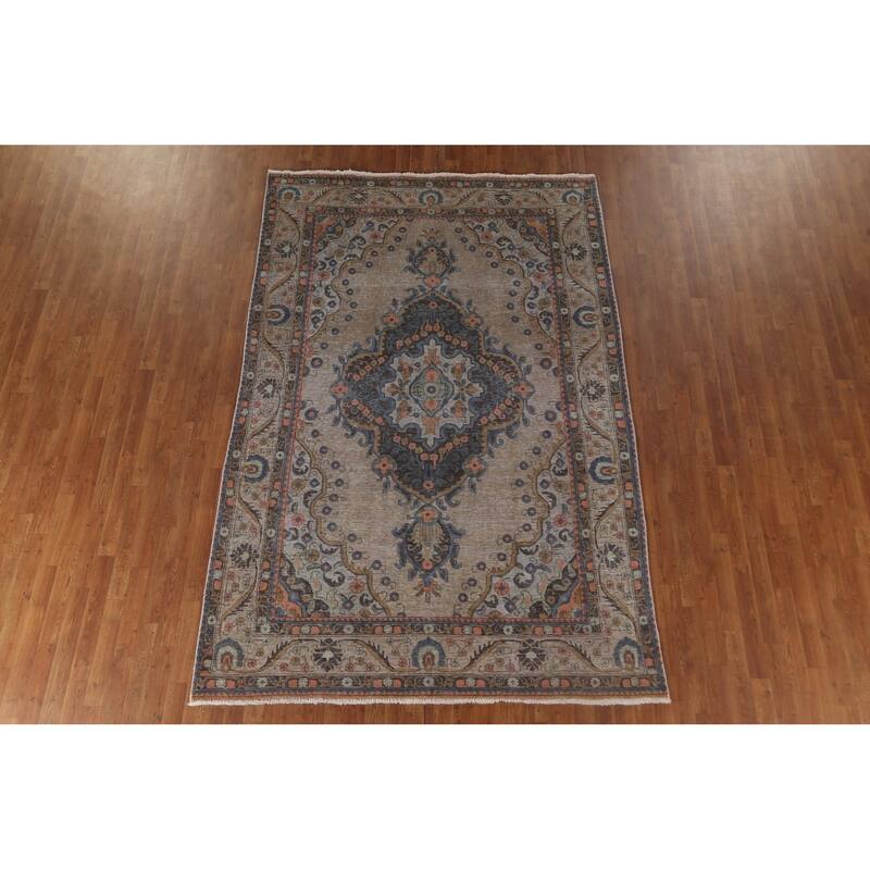 Over-Dyed Brown Tabriz Persian Vintage Rug Hand-Knotted Wool Carpet - 6'5"x 9'9"
