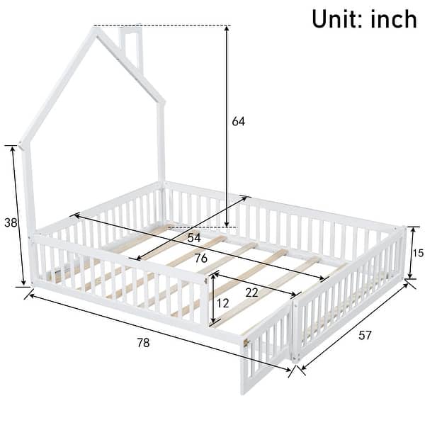 dimension image slide 0 of 2, House-shaped Design Bed Full Size House Bed Rustic Country Floor Bed Wood Frame with Chimney, Fence Guardrail and Door