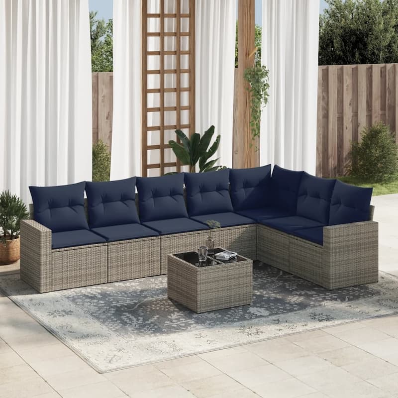vidaXL Patio Sofa Set with Cushions Outdoor Conversation Furniture Poly Rattan - 25.8" x 24.4" x 27.2" - Beige and gray with table