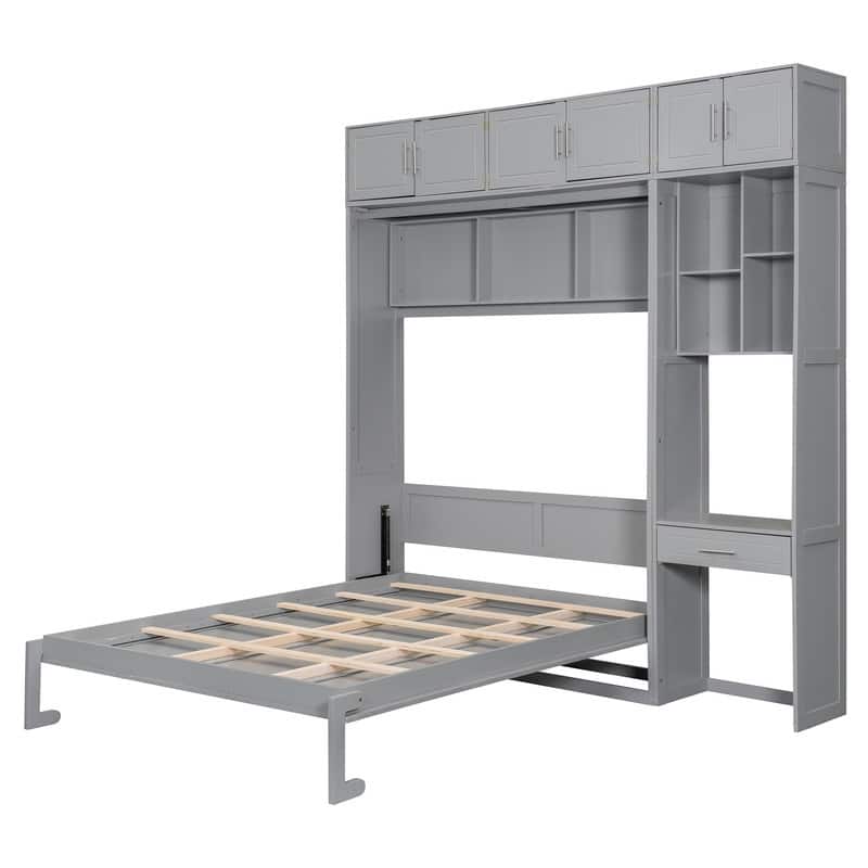 Queen Size Wall Murphy Bed with Desk, Top Cabinet and Storage Shelves, Space Saving Foldable Bed