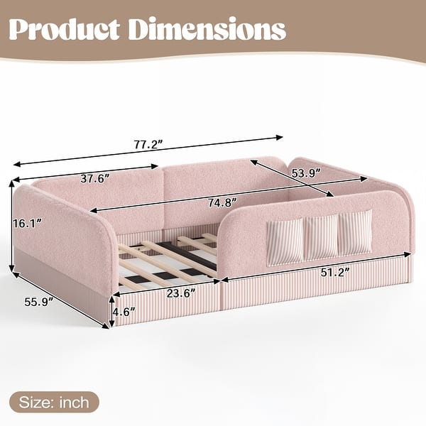 dimension image slide 0 of 9, Twin/Full/Queen Teddy Fleece Floor Bed with Upholstered Safety Rails and Pocket