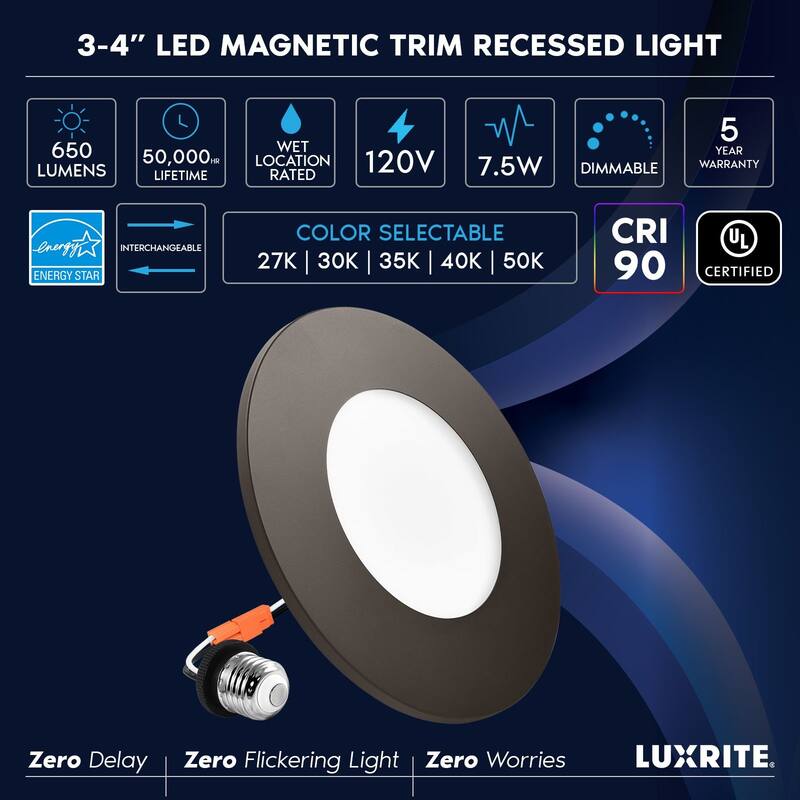 Luxrite 34 Inch LED Flush Mount & Recessed Light, 7.5W, 5CCT 2700K