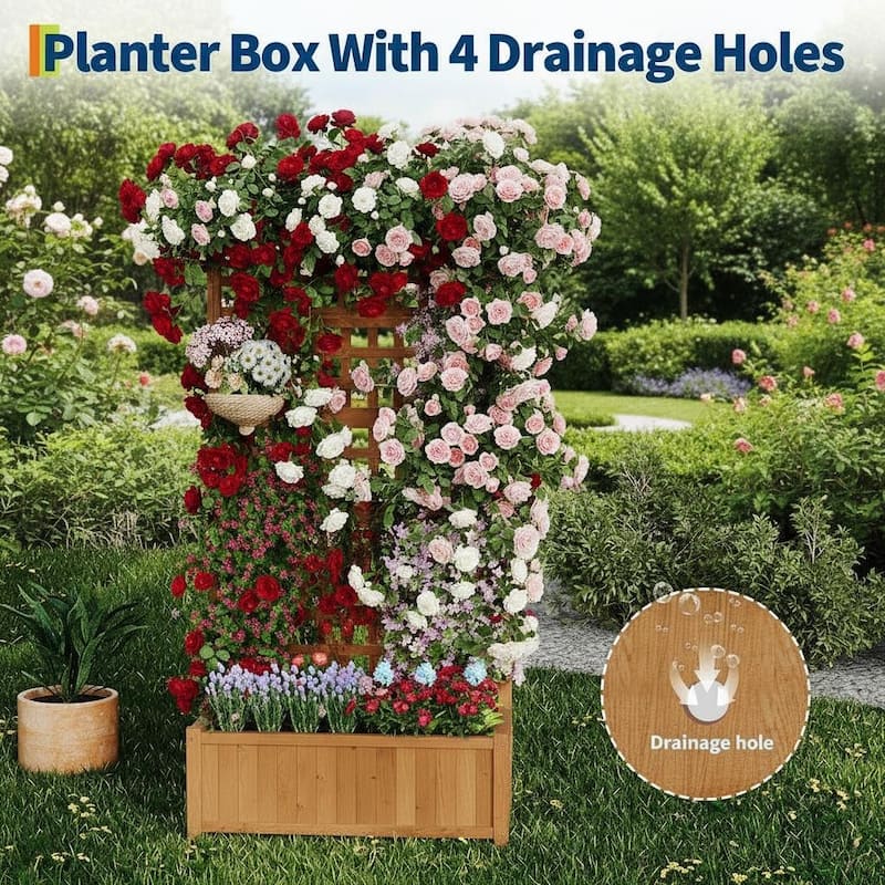 Large Raised Garden Bed, with Trellis, Roof and Drainage Holes