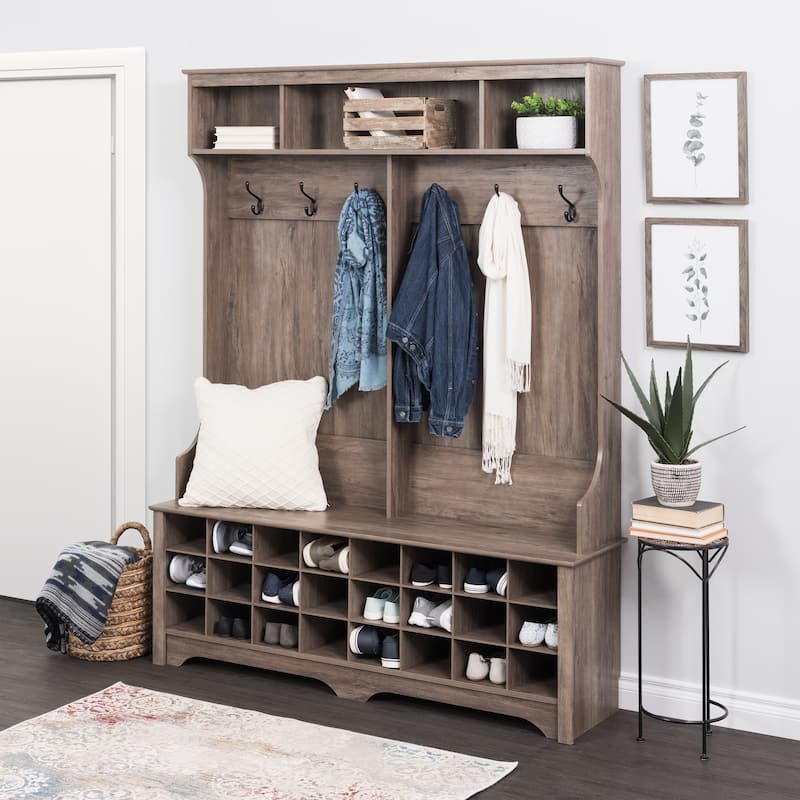 Prepac Hall Tree with Bench and Shoe Storage, Mudroom Bench with Storage and Hooks - 60" Wide Hall Tree with 24 Shoe Cubbies - drifted gray