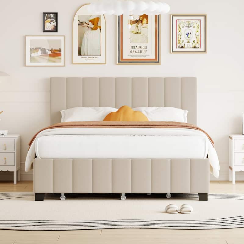 Queen Size Platform Bed with 2 Drawers and Twin XL Trundle - Beige - Queen