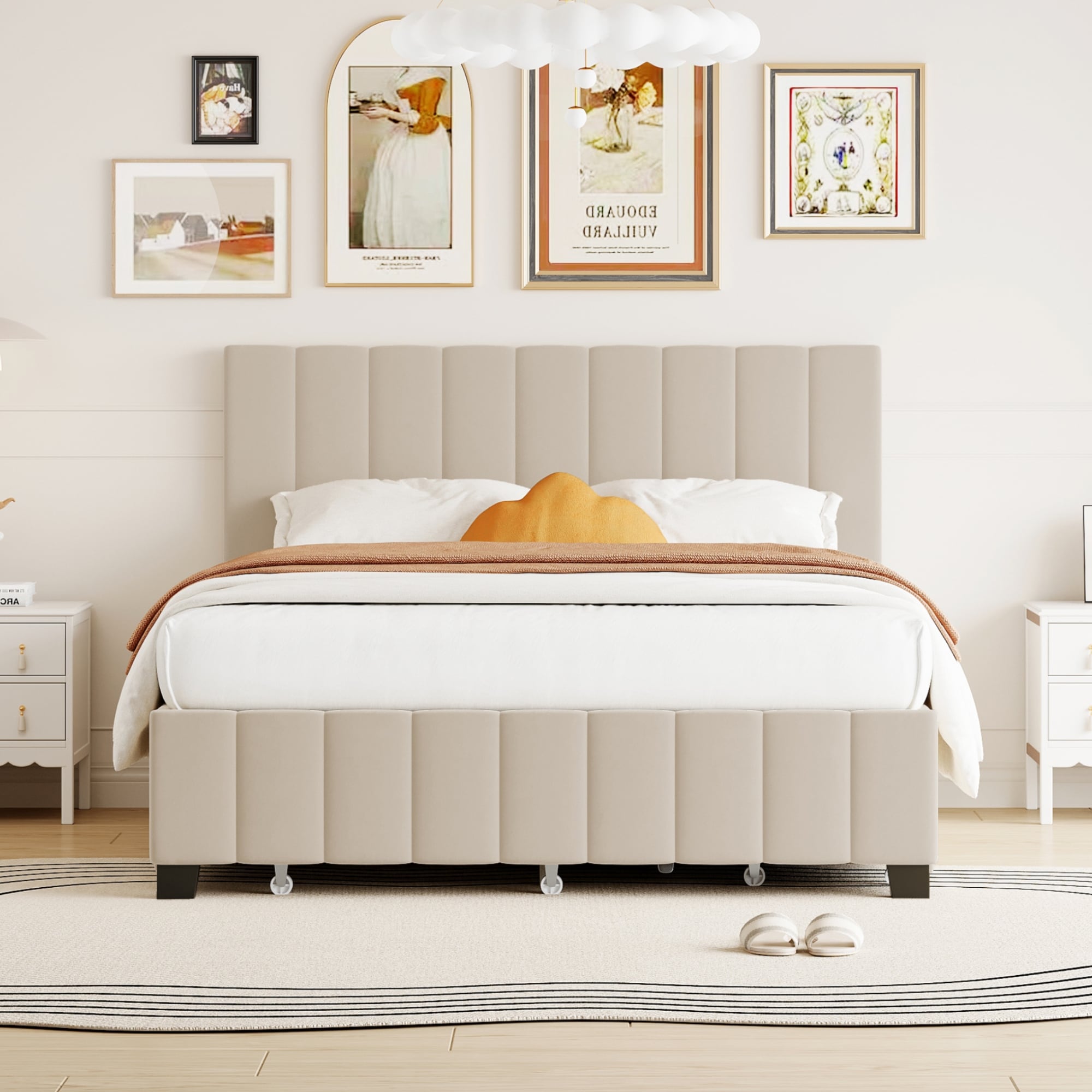 Velvet Upholstered Platform Bed with Pull-Out Twin XL Trundle & 2 Drawers/Queen Size Bed Frame with Tufted Headboard for Bedroom