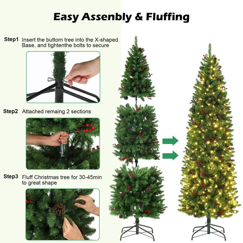 6 FT Pre-Lit Pencil Christmas Tree, Artificial Christmas Tree with 200 Multicolor Led Lights, 8 Lighting Modes