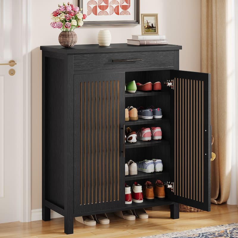 Shoe Storage Cabinet with Louvered Doors & Drawer, Wooden Shoe Rack for Closet, Entryway - Black