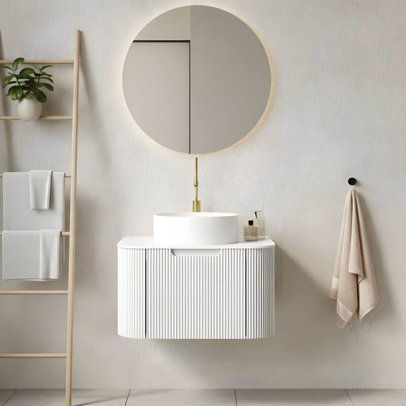 Wall Mounted Bathroom with White Round Ceramic Basin and Drawer