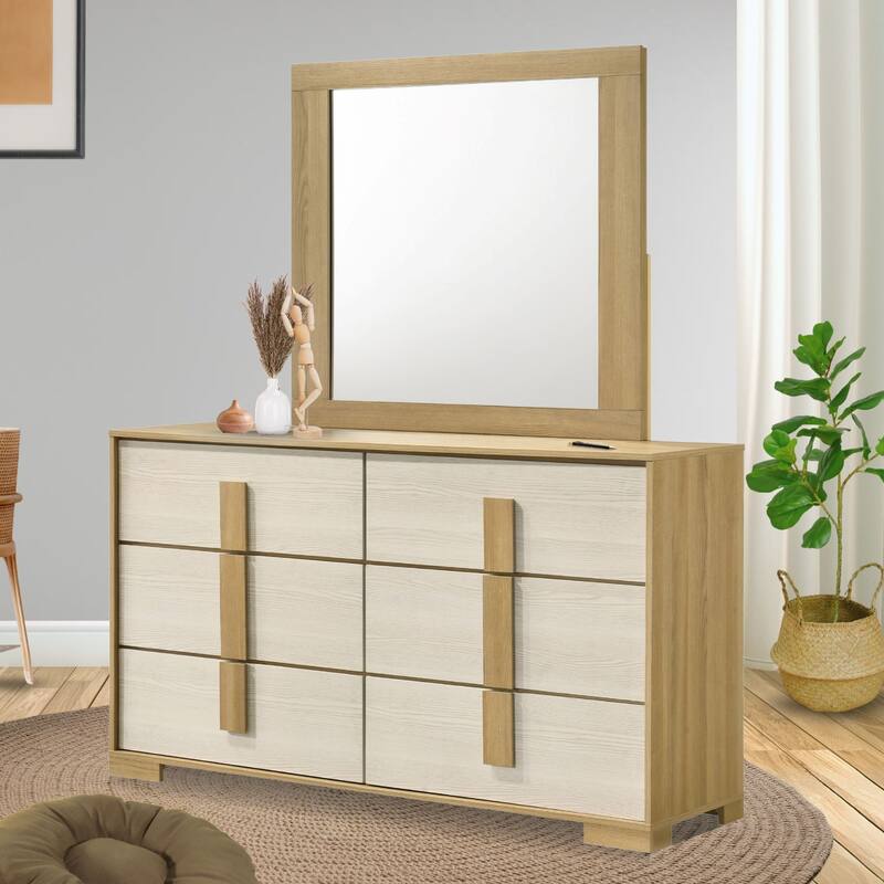 Boone Natural White Wood Slim 6 Drawer Dresser with Mirror - Natural / White