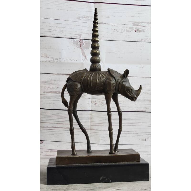 Salvador Dali Cosmic Rhinoceros Surreal Rhino Bronze Sculpture Statue On Marble Base