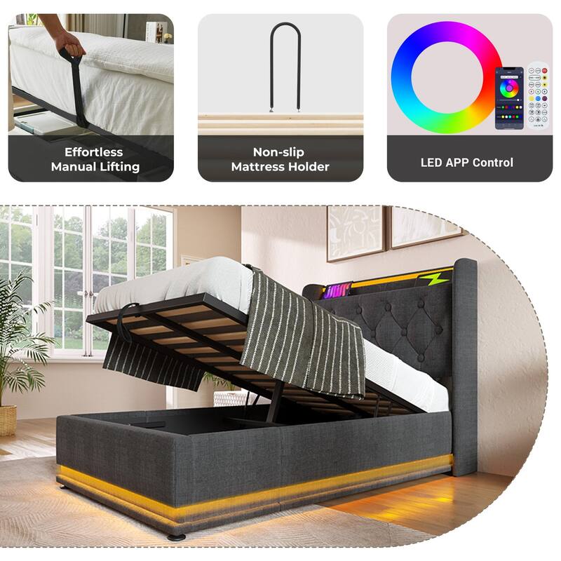 Upholstered Storage Bed with 360掳 LED, App/Remote Control, USB Charging, Twin/Full/Queen/King, Gray Linen