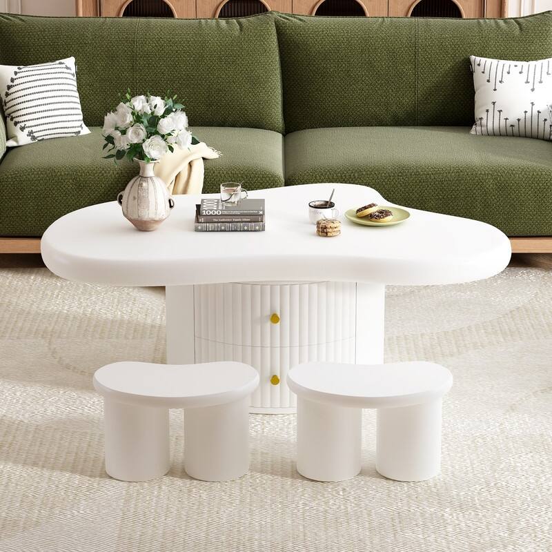 Cream Style Cloud-Shaped Coffee Table Set of 3, Irregular Design Cocktail End Table with Storage Drawer & 2 Small Stools