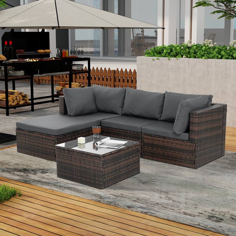 Outdoor Wicker Weaving Conversation Combo Set of 5 - Grey