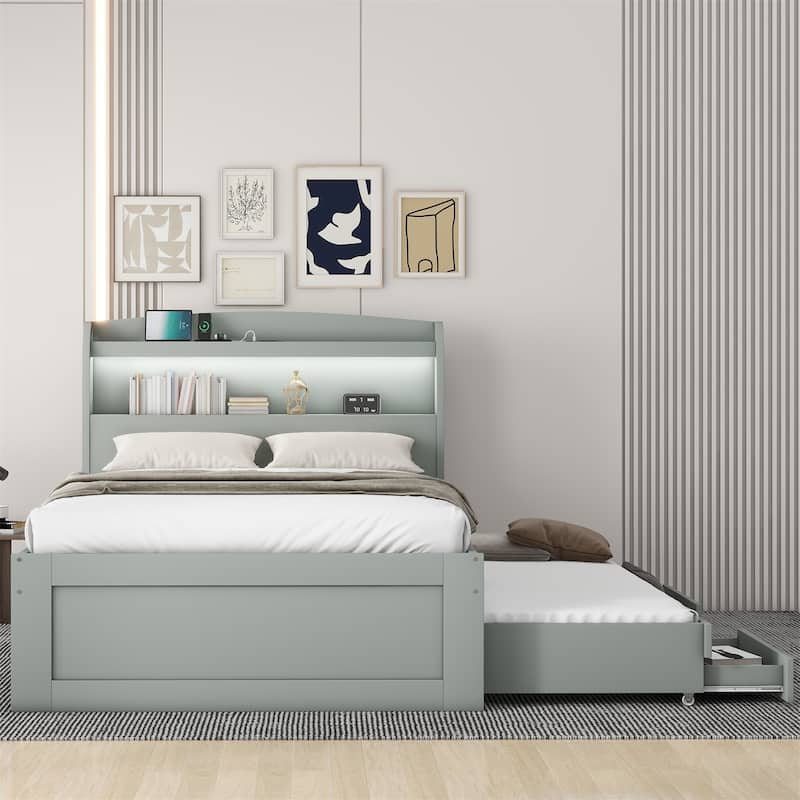Twin XL Size Platform Bed with Charging Station, Twin Size Trundle