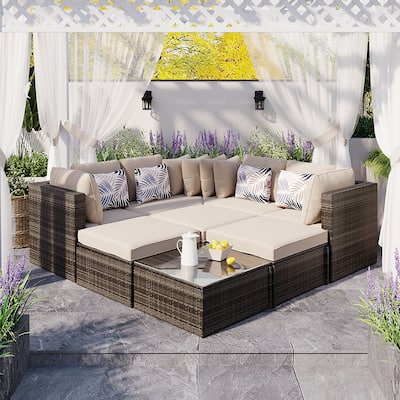 Luxury 8-Piece Outdoor Wicker Sofa Set with Beige Cushions - Brown Rattan Lounger Ensemble