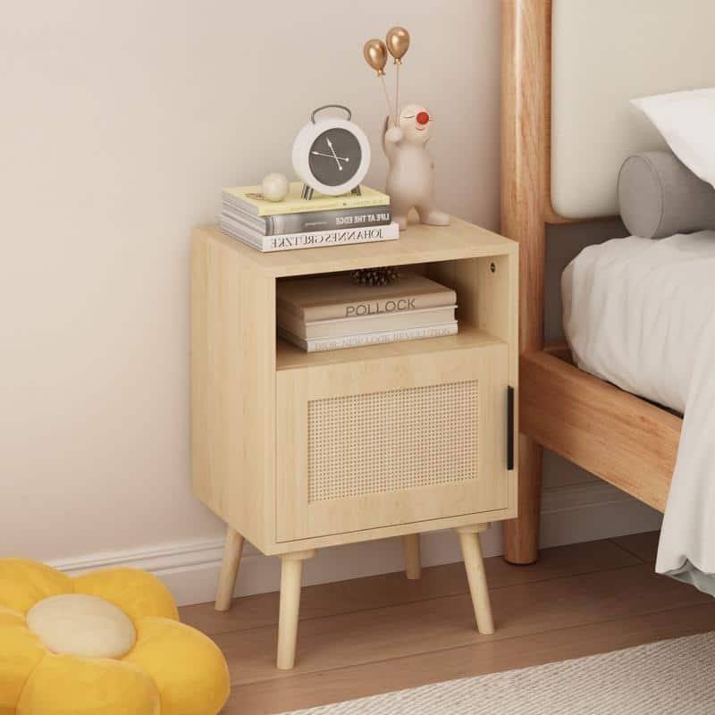 22.83" Solid Wood & Rattan Nightstand with Door, Shelf - Oak Finish Bedside End Table for Small Spaces