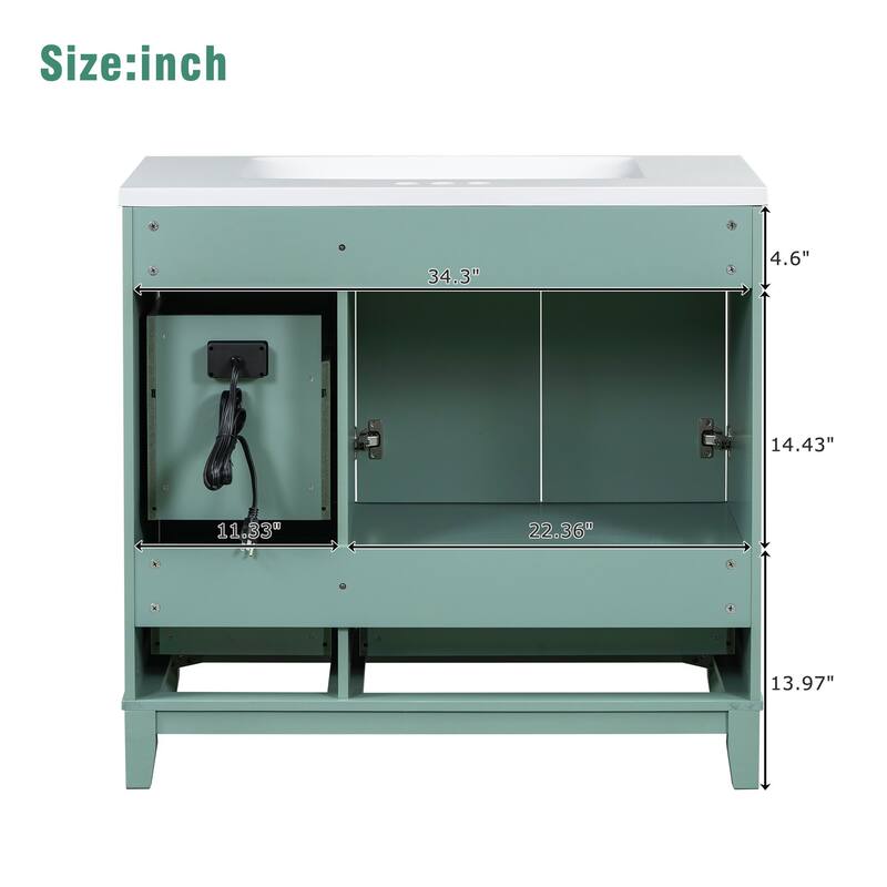 36" Modern Green Bathroom Vanity with USB Charging, Resin Sink, 2 Doors & 3 Drawers -Faucets Not Included.
