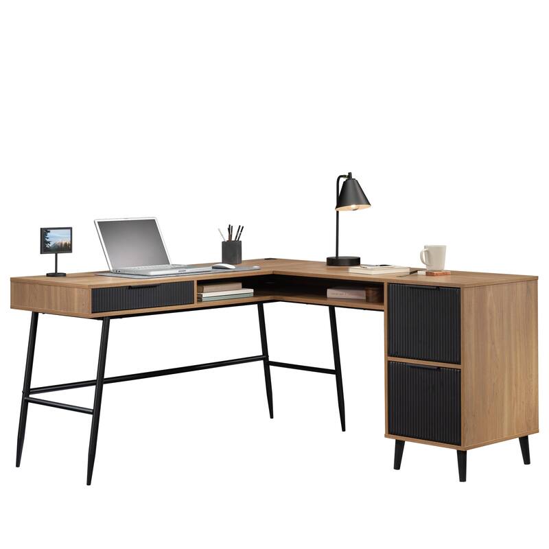 Wood L-Shaped Desk with Cord Management, Brown.