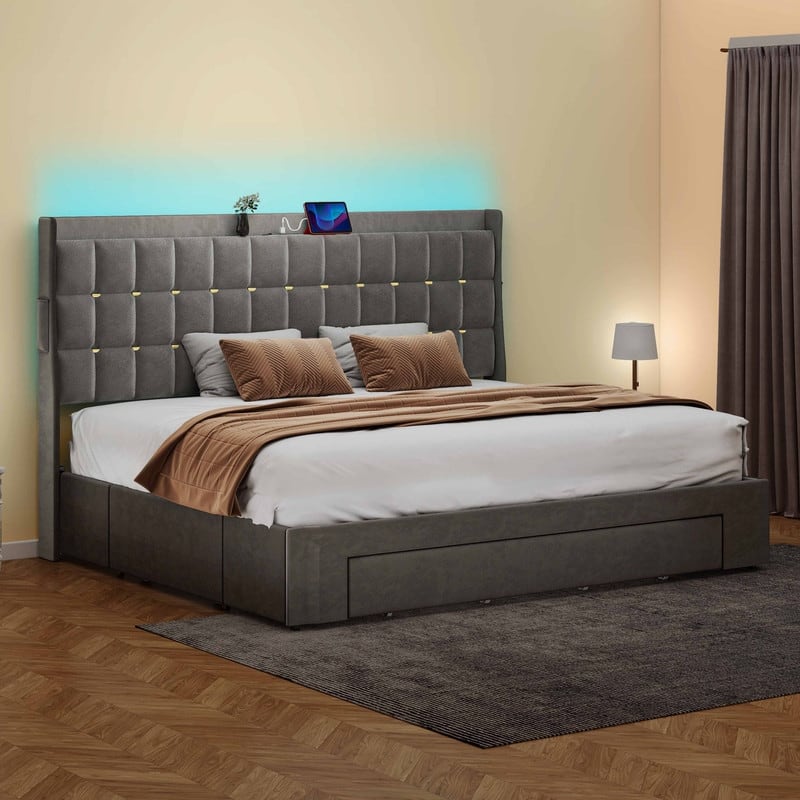 Moasis Queen/King Size Velvet Upholstered Bed with Charging Station and Storage Drawers