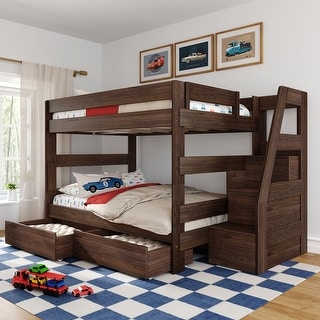 Max and Lily Modern Farmhouse Queen Over Queen Bunk Bed With Staircase and Storage Drawers
