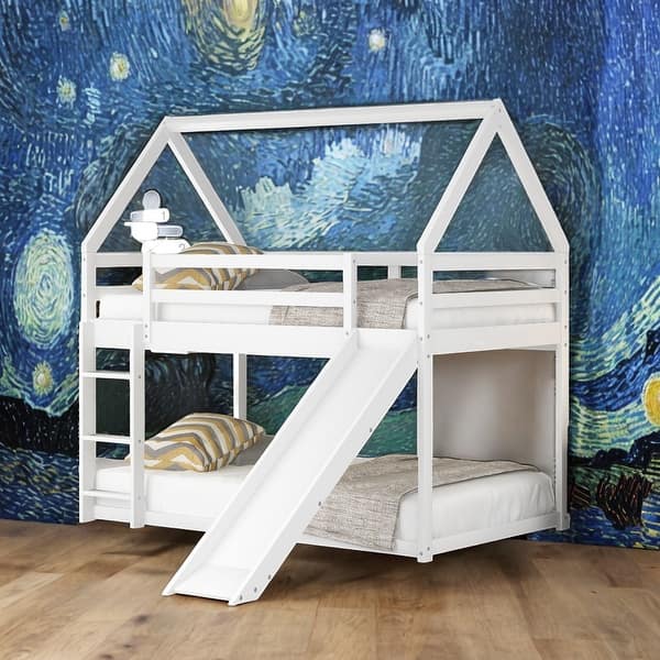slide 2 of 9, White Twin Size Bunk House-Shaped Bed With Slide And Ladder for Home White