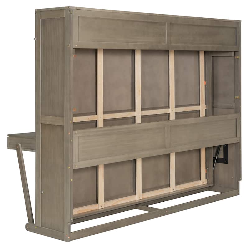 Queen Murphy Bed with Storage & Vanity Desk, Wall Mounted Folding Cabinet Bed with Mirror and Drawers for Small Space