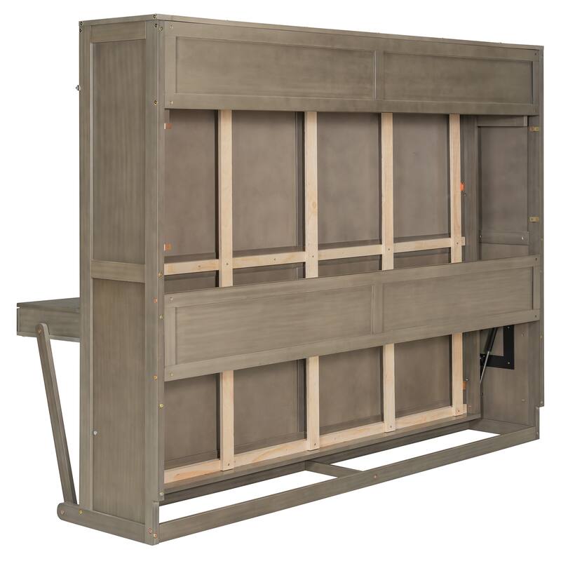 Space-Saving Queen Murphy Bed with Vanity Desk, Mirror & Storage Drawers in Distressed Gray