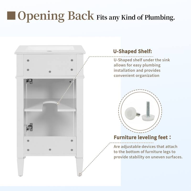 18" Freestanding Single Bathroom Vanity with Ceramic Sink, French Style Cabinet with Soft Close Door