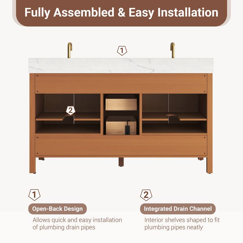 60" Freestanding Bathroom Vanity with Engineered Stone Top, Ceramic Double-Sink, Built-In Power Outlet, and Hair Dryer Storage