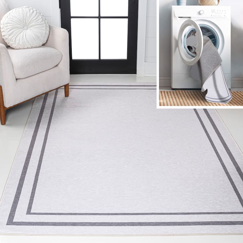 JONATHAN Y Ainsley Classic 2-Stripe Border Washable Area Rug - 4 X 6 - White/Gray