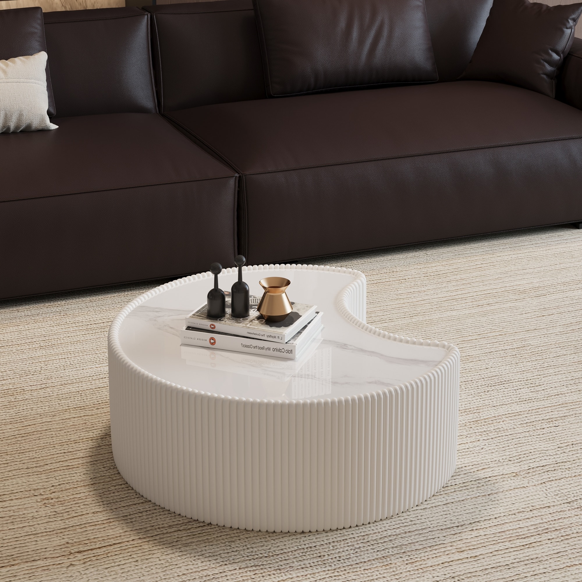 GDFStudio - Modern Sintered Stone Top Upholstered Irregular Shape Coffee Table with Grey Pattern Curved Design