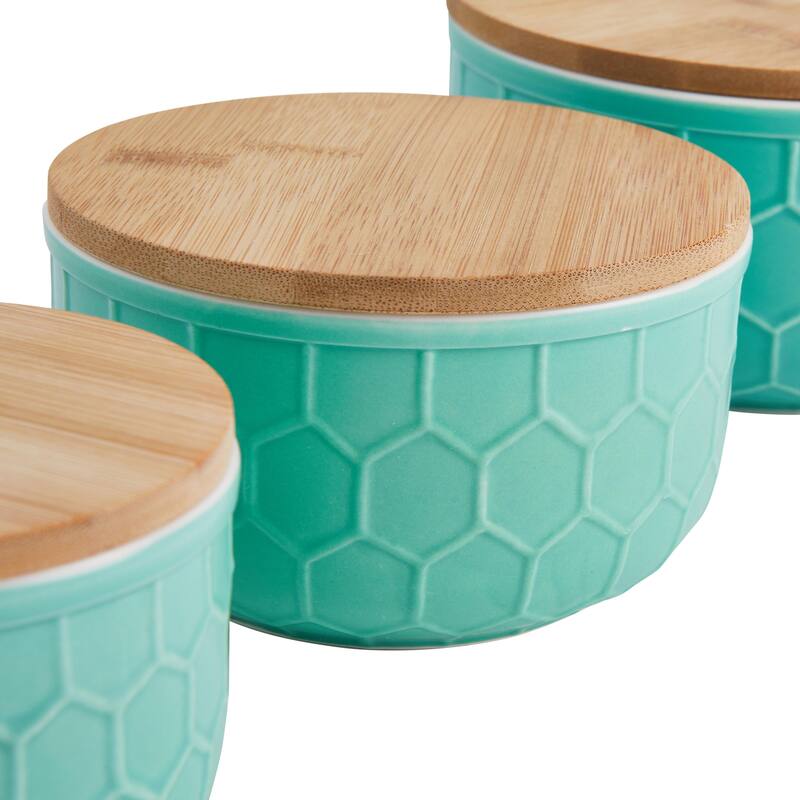 Set of 3 Round Mint Green Stoneware Bowls with Bamboo Lids