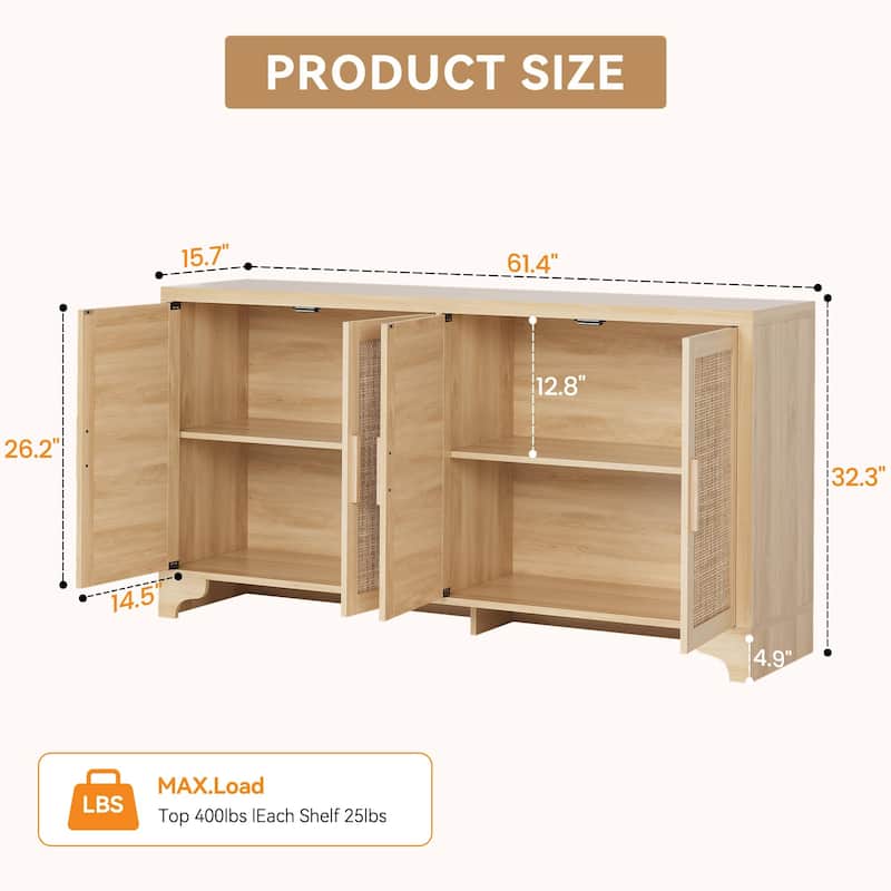 62 Inch Rattan Sideboard Buffet Cabinet, 4-Door with Shelves