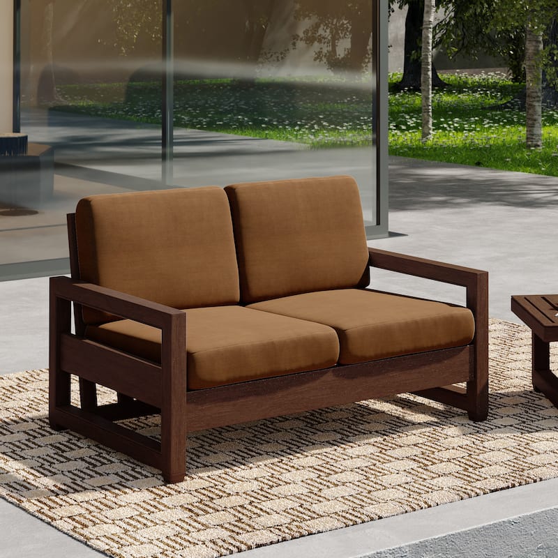 Patio Teak Wood Outdoor Loveseat with Cushion - Light Brown/ Dark Wood