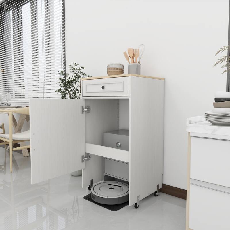 Robot Vacuum Storage Stand – Rolling Cabinet with Doors/Drawers, Antique White Finish