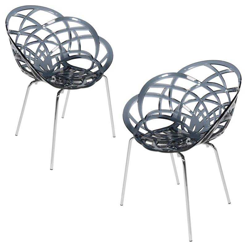 Furnish Theory Fleur-ML Stackable Dining Armchairs Arm Chairs Anti-UV Polycarbonate Shell & Chrome-Plated Steel Legs (Set of 2) - Transparent Smoke Shell & Chrome-Plated Legs