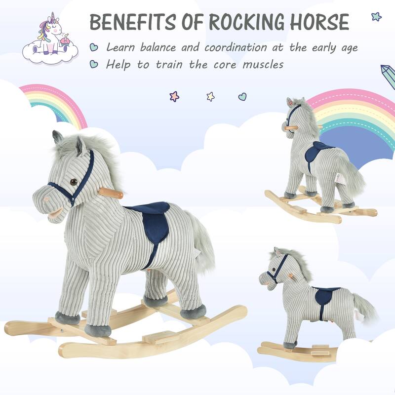 Kids Rocking Horse for Toddler 3-5, Plush Ride on Horse Wooden Rocker with Realistic Sounds, Gray - Light Gray