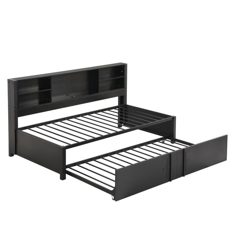 Twin Size Daybed with Trundle and USB Ports, Metal Frame with Storage Shelves