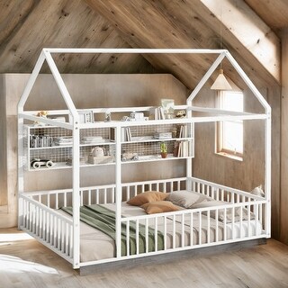 White Space-Saving Full Size Kids Bed House Bed with Fence and Shelves