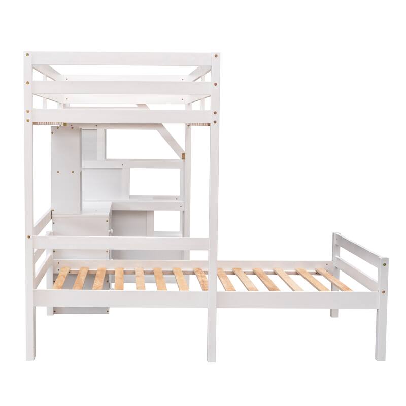 Twin Size Loft Bed with Stand-alone Bed, Storage Staircase, Desk, Shelves, and Drawers in White
