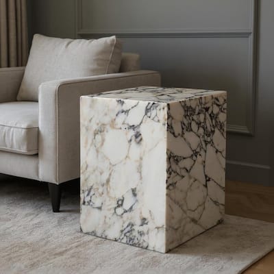 HomeRoots 20" Ivory Marble Square Block End Table - 15 in. x 20 in. x 15 in.