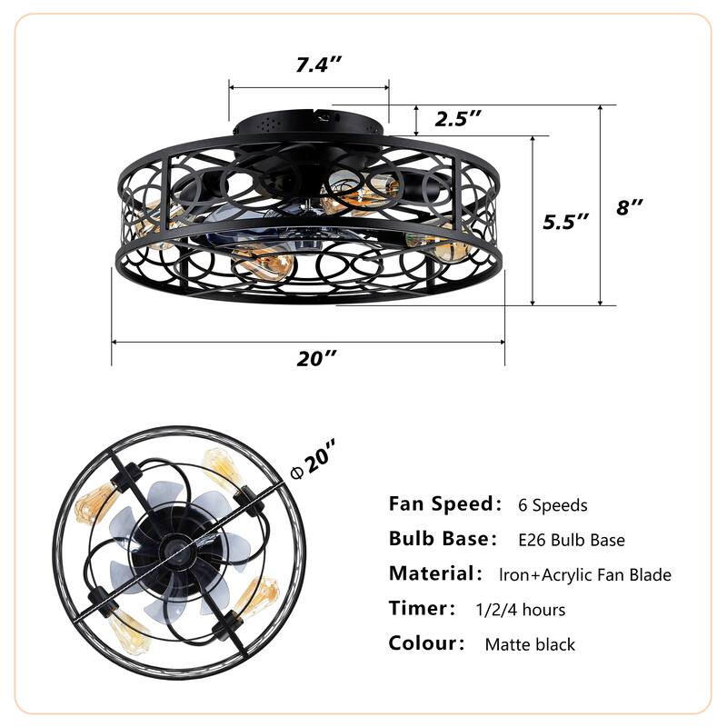 20" Caged Ceiling Fans with Lights,Bladeless Ceiling Fan 6 Speed Reversible with Remote Control,Flush Mount Caged Ceiling Fan