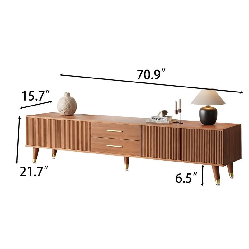 71" Mid Century Modern Brown TV Stands, Solid Wood Veneer with 2 Drawers & Cabinet, Pre-Assembled
