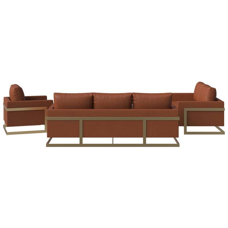 3-Piece Leather Sofa Set with Gold Stainless Steel Base and Removable Cushions