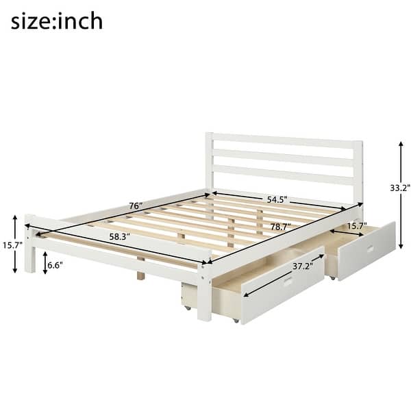 dimension image slide 2 of 4, Wooden Platform Bed Frame with 2 Drawers & Headboard, Twin/Full Size